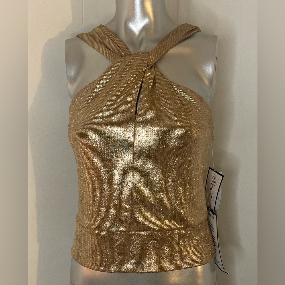Juniors-Metallic Gold Sleeveless Halter Tank Top